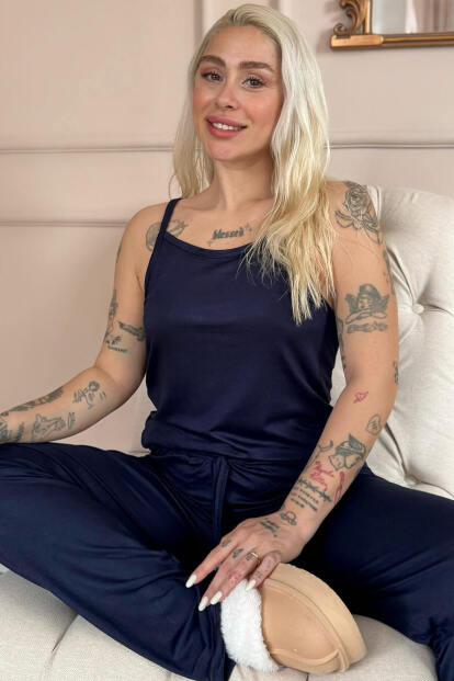 Lacivert Blu Notte Bambu Askılı Kadın Pijama Takımı - 1