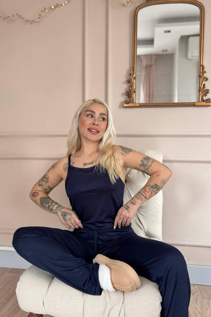 Lacivert Blu Notte Bambu Askılı Kadın Pijama Takımı - 4