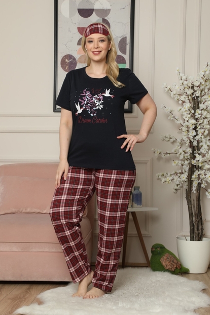 Lacivert Dream Catcher Desenli Kısa Kollu Büyük Beden Battal Pijama Takımı - 2