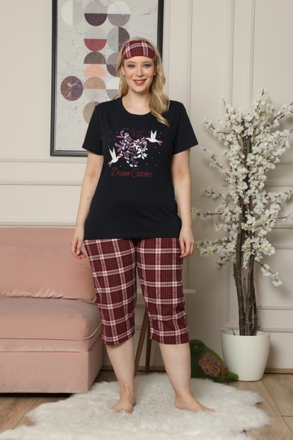 Lacivert Dream Catcher Desenli Kısa Kollu Kaprili Büyük Beden Battal Pijama Takımı - 2