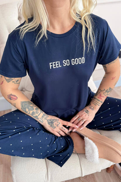 Lacivert Feel Desenli Bambu Kısa Kol Kadın Pijama Takımı - 5