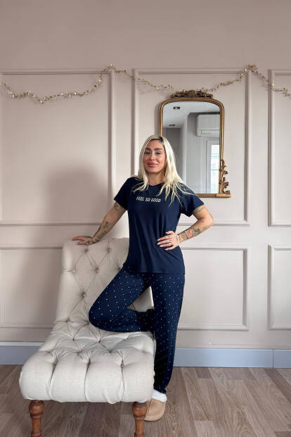 Lacivert Feel Desenli Bambu Kısa Kol Kadın Pijama Takımı - 6