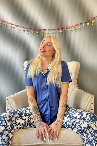 Lacivert Florado Exclusive Önden Düğmeli Kısa Kollu Kadın Pijama Takımı - 2