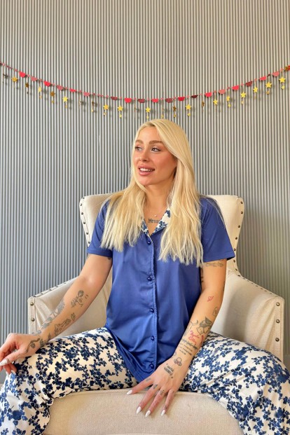 Lacivert Florado Exclusive Önden Düğmeli Kısa Kollu Kadın Pijama Takımı - 3