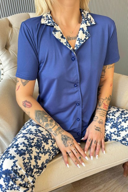 Lacivert Florado Exclusive Önden Düğmeli Kısa Kollu Kadın Pijama Takımı - 5