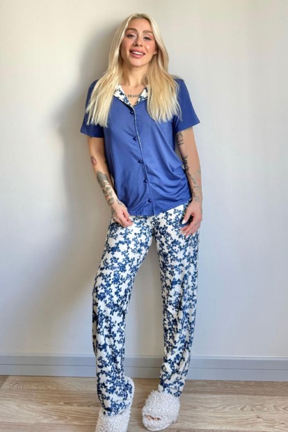 Lacivert Florado Exclusive Önden Düğmeli Kısa Kollu Kadın Pijama Takımı - 6