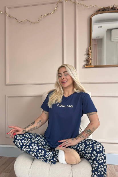 Lacivert Floral Days Desenli Kısa Kollu Örme Kadın Pijama Takımı - 3