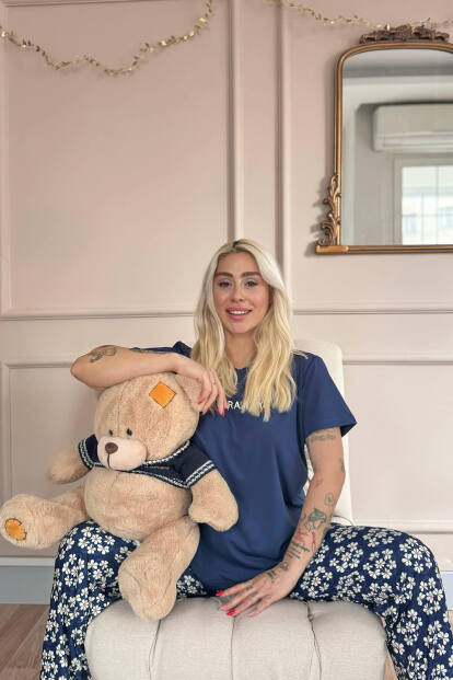 Lacivert Floral Days Desenli Kısa Kollu Örme Kadın Pijama Takımı - 4
