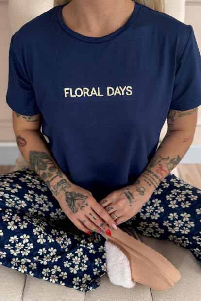 Lacivert Floral Days Desenli Kısa Kollu Örme Kadın Pijama Takımı - 5