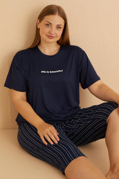 Lacivert Life Desenli Bambu Kapri Kısa Kol Battal Pijama Takımı 