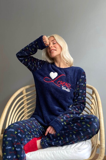 Lacivert Love Winter Desenli Kadın Peluş Pijama Takımı - 3
