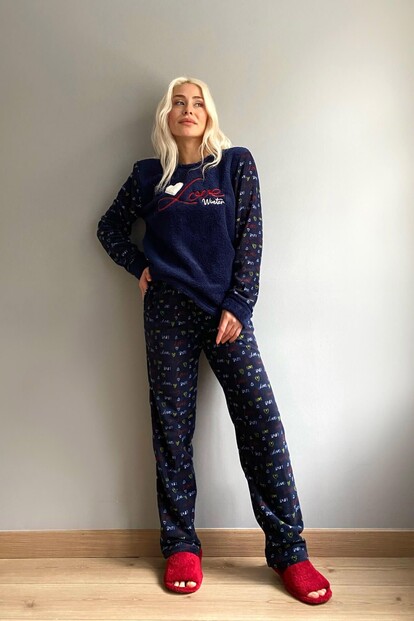 Lacivert Love Winter Desenli Kadın Peluş Pijama Takımı - 4