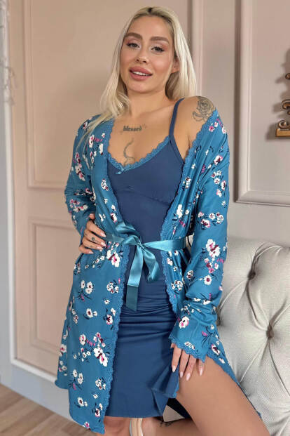 Lacivert Midnight Exclusive Örme Sabahlıklı Gecelik Kadın Pijama Takımı - 1