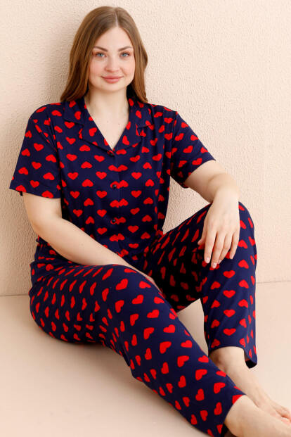 Lacivert Nocturne Desenli Bambu Önden Düğmeli Kısa Kol Büyük Beden Battal Pijama Takımı 