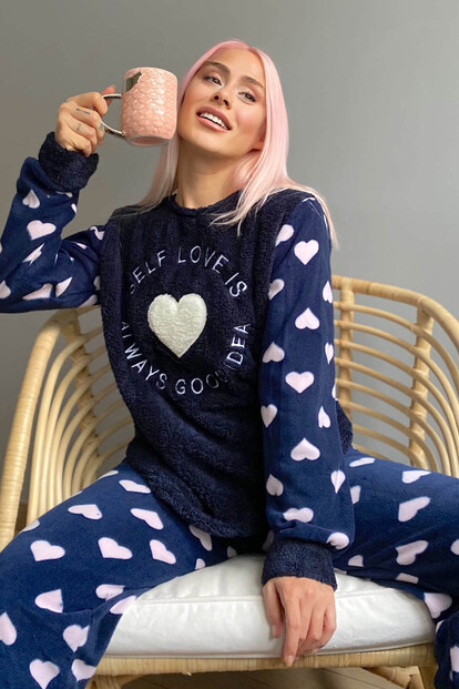 Lacivert Self Love Desenli Kadın Peluş Pijama Takımı - Pijamaevi