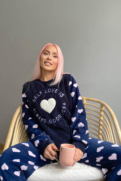 Lacivert Self Love Desenli Kadın Peluş Pijama Takımı - 2
