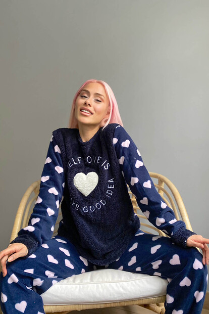 Lacivert Self Love Desenli Kadın Peluş Pijama Takımı - 3