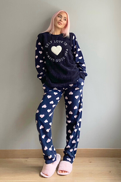 Lacivert Self Love Desenli Kadın Peluş Pijama Takımı - 4