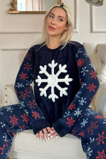 Lacivert Snefnug Desenli Kadın Peluş Pijama Takımı 