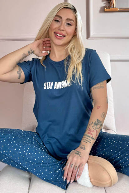 Lacivert Stay Desenli Bambu Kısa Kol Kadın Pijama Takımı 