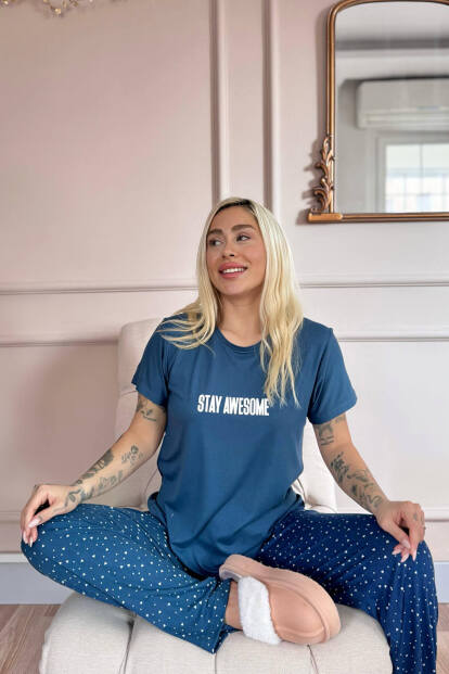Lacivert Stay Desenli Bambu Kısa Kol Kadın Pijama Takımı - 2