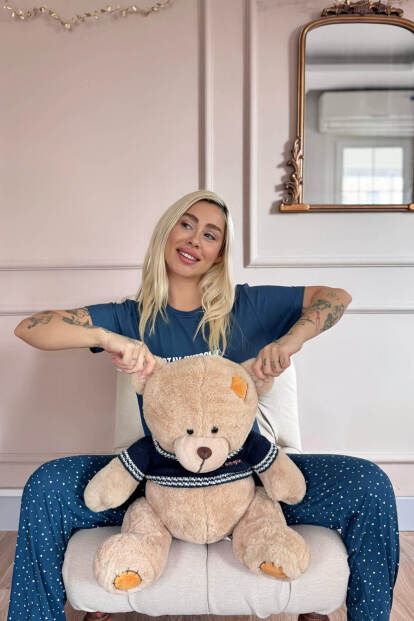 Lacivert Stay Desenli Bambu Kısa Kol Kadın Pijama Takımı - 5