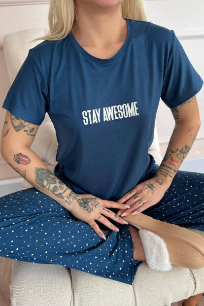 Lacivert Stay Desenli Bambu Kısa Kol Kadın Pijama Takımı - 6