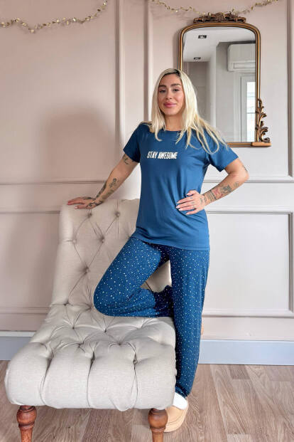 Lacivert Stay Desenli Bambu Kısa Kol Kadın Pijama Takımı - 7