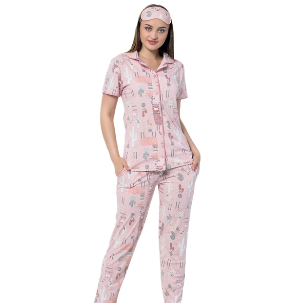 Lama Desenli Önden Düğmeli Kısa Kollu Pijama Takımı - 1