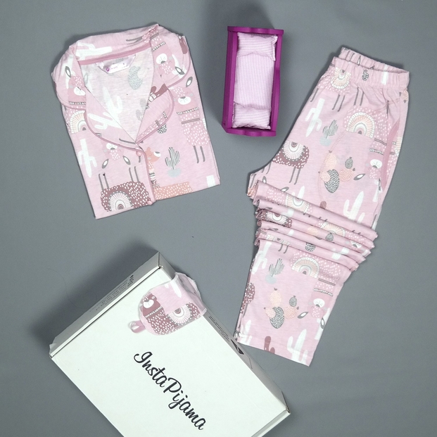 Lama Desenli Önden Düğmeli Kısa Kollu Pijama Takımı - 2