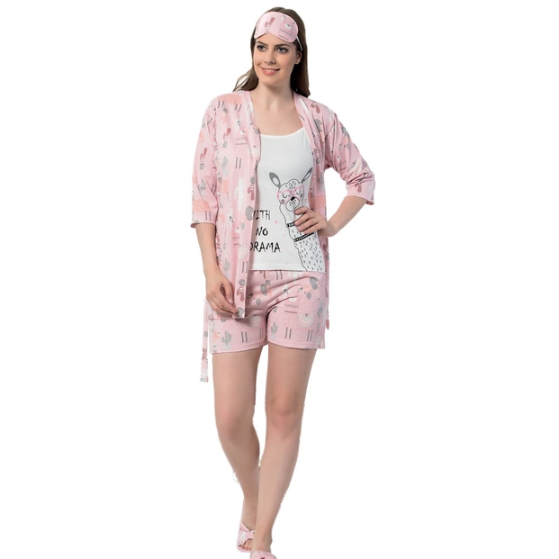 Lama Desenli Şortlu Sabahlıklı Pijama Takımı - 1