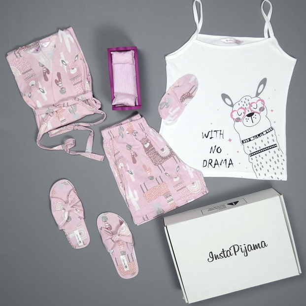 Lama Desenli Şortlu Sabahlıklı Pijama Takımı - 3
