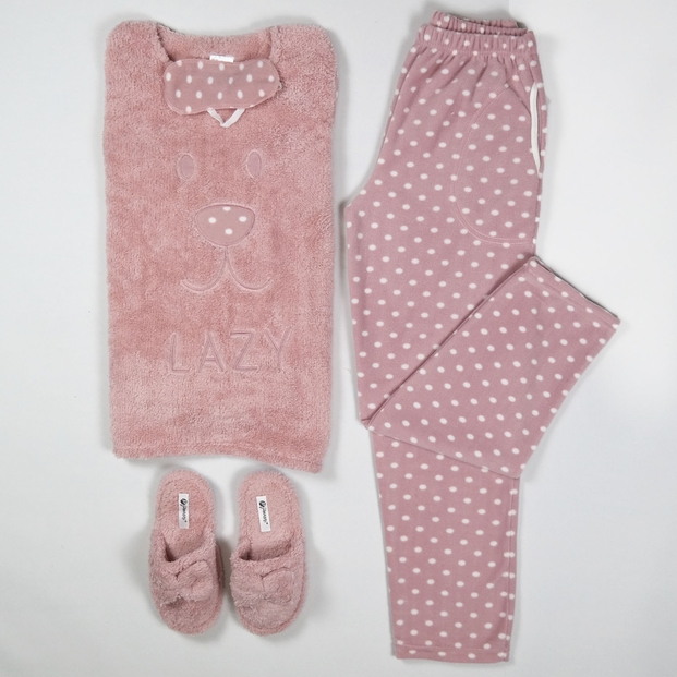 Lazy Desenli Kadın Peluş Pijama Takımı - 2