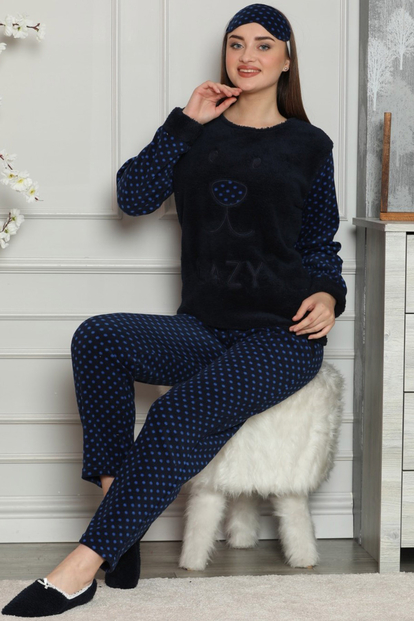 Lacivert Lazy Desenli Kadın Peluş Pijama Takımı - 1