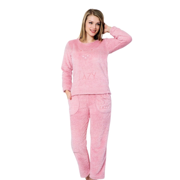 Lazy Desenli Tam Peluş Pijama Takımı - 1