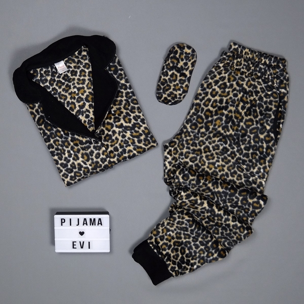 Leopar Desenli Kadın Önden Düğmeli Yumoş Peluş Pijama Takımı - 2