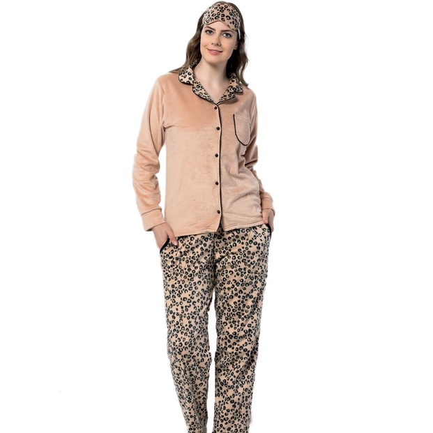 Leopar Desenli Kadın Önden Düğmeli Yumoş Peluş Pijama Takımı - 1