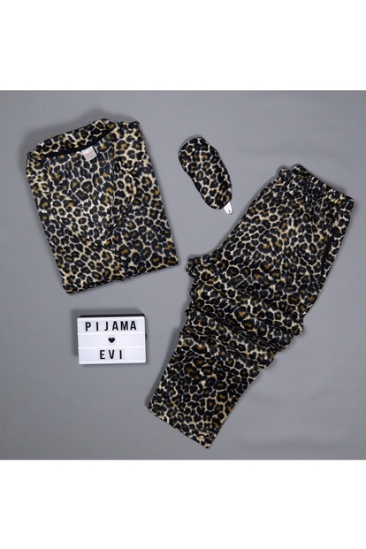 Leopar Desenli Kadın Önden Düğmeli Yumoş Peluş Pijama Takımı - 2