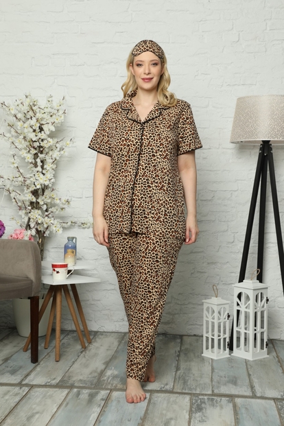 Leopar Desenli Önden Düğmeli Kısa Kollu Büyük Beden Battal Pijama Takımı - 2