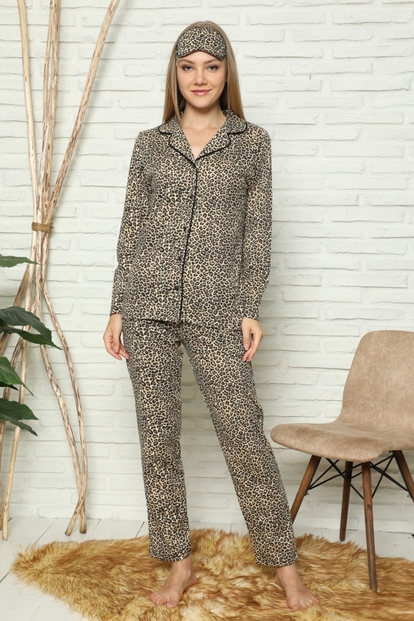 Leopar Desenli Önden Düğmeli Uzun Kollu Pijama Takımı - 1