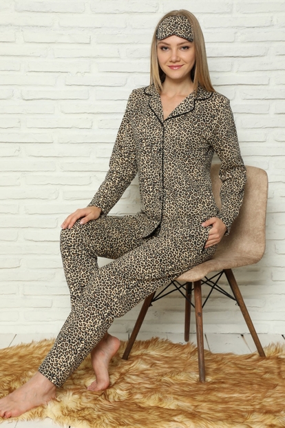 Leopar Desenli Önden Düğmeli Uzun Kollu Pijama Takımı - 2