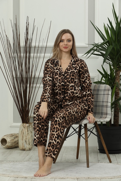 Leopar Exclusive Collection Önden Düğmeli Uzun Kollu İpek Saten Pijama Takımı - 1