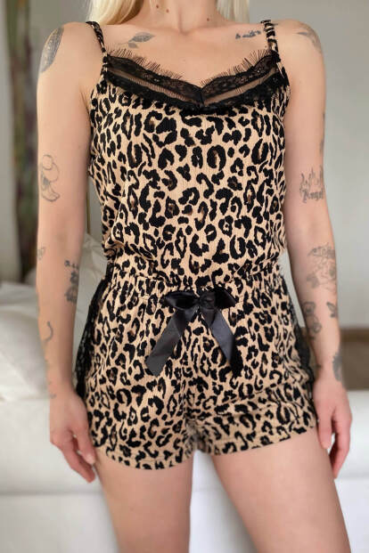 Leopar Pegasus Dantel Detaylı Ip Askı Şortlu Örme Pijama Takımı - 2