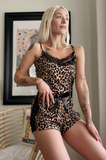 Leopar Pegasus Dantel Detaylı Ip Askı Şortlu Örme Pijama Takımı - 1