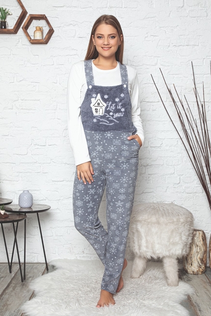Let it Snow Desenli Kadın Polar Peluş Tulum Pijama Takımı - 1
