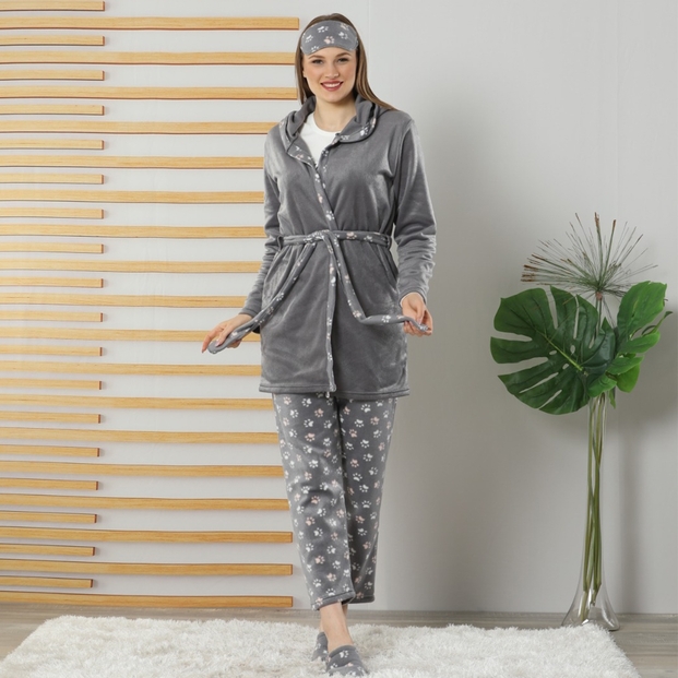 Life is Better With Cat Desenli Sabahlıklı Peluş Pijama Takımı - 2