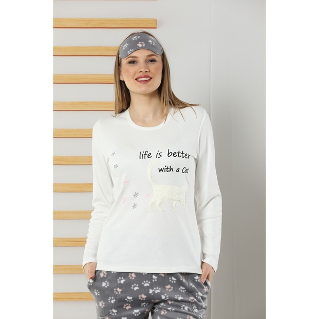 Life is Better With Cat Desenli Sabahlıklı Peluş Pijama Takımı - 3