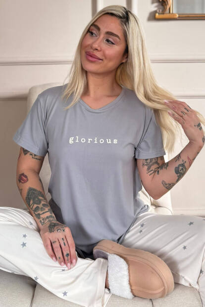 Lila Glorious Desenli Bambu Kısa Kol Kadın Pijama Takımı 