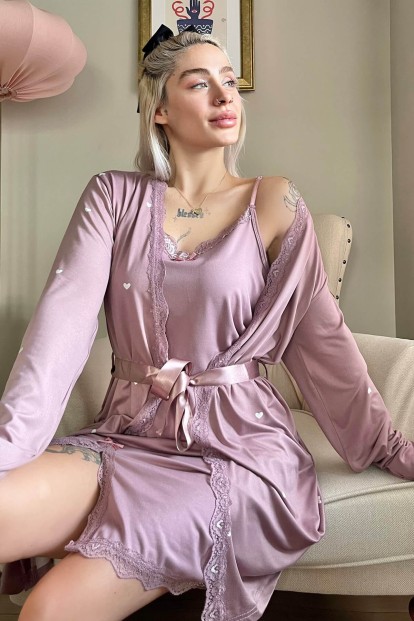Lila Heart Desenli Sabahlıklı Gecelik Kadın Pijama Seti - Pijamaevi