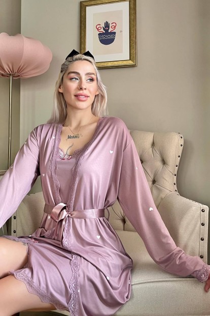 Lila Heart Desenli Sabahlıklı Gecelik Kadın Pijama Seti - 3